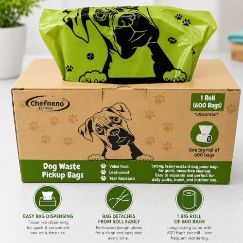 Dog Poop Bags One Big Roll (600 ct.) Doggy Poop Bags Pet Waste Pickup Bag Cat Waste Disposal Bags (1 Roll, 600 Bags)