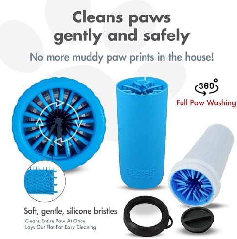 Dexas Lidded MudBuster Large Dog Paw Cleaner, Pro Blue, Fits 2.5"-3.5" Wide Paws, Gentle Silicone Bristles for Quick, Easy Cleaning