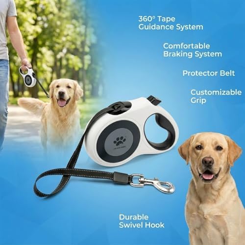 16 ft Retractable Dog Leash for Extra Large Dogs up to 130 lbs,Tangle-Free Nylon Tape,White Dan24 XL