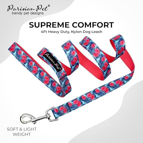 Parisian Pet Floral Dog Leash - Nylon Heavy Duty Training Pink Leashes for Dogs with Comfortable Handle - Strong Metal Clip 4Ft Hibiscus Puppy Leash - Chew Proof Leashes for Small and Medium Dogs