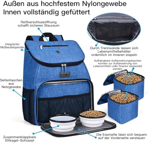 BAGLHER丨Dog Travel Bag, Airline Approved Pet Supplies Backpack, Dog Travel Backpack with 2 Silicone Collapsible Bowls and 2 Food Baskets