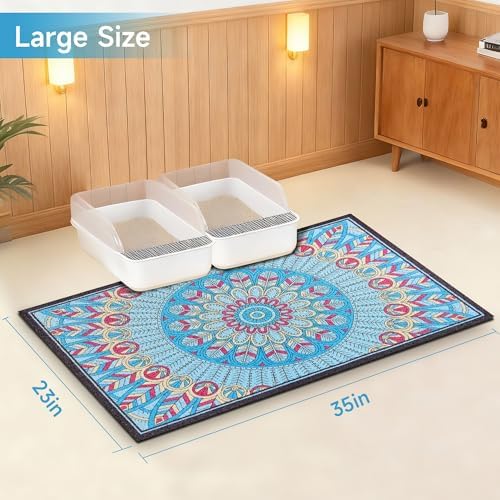 Cat Litter Mat, 35" x 23" Litter Box mat, Traps 100% Litter, Non-Slip Kitty Litter Trapping mats, Large Cute Litter mat, Easy Clean for Scatter Control, Bohe cat Food mat, Urine Waterproof
