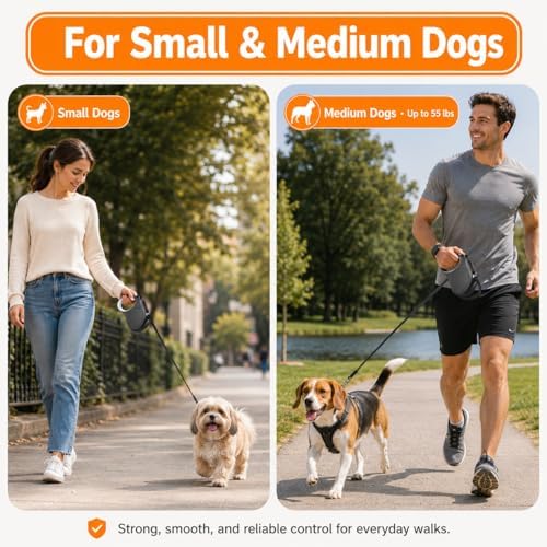 Retractable Dog Leash, 16 FT Strong Nylon Tape for Small and Medium Dogs up to 55 lbs, 360° Tangle-Free Design, One-Hand Brake & Lock with 3 Control Modes, Ergonomic Non-Slip Handle