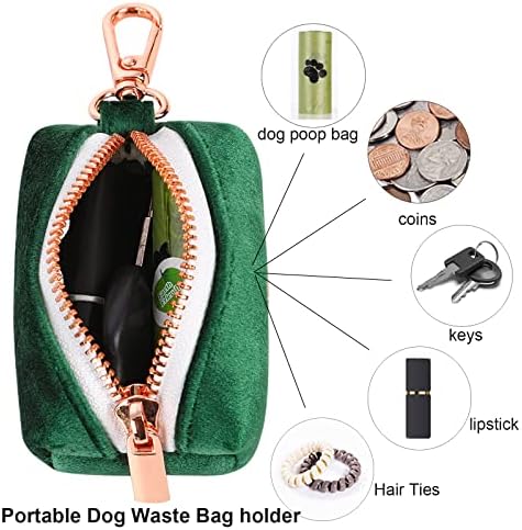 ARING PET Dog Poop Bag Holder, Velvet Doggy Waste Bag Dispenser Attach to Any Leashes, Dark Green Portable Washable Pet Waste Pouch Dispenser with Metal Zipper