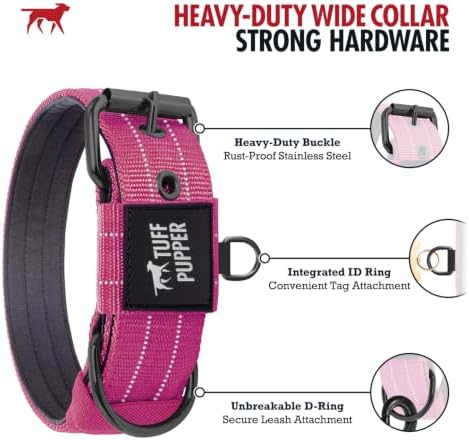 Tuff Pupper Heavy Duty Tactical Dog Collar | 1.25" Wide Ballistic Nylon | Reflective Stitching | Integrated ID Tag Holder | Stainless Steel Buckle | Padded Lining | Small & Medium Dogs (Pink, Small)