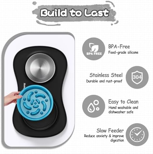 MateeyLife Dog Food and Water Bowl Set 3 in 1, Slow Feeder Dog Bowls & Stainless Steel Water Bowl with Non-Spill Silicone Mat, Cat and Puppy Bowls Pet Dishes for Small Medium Large Breed Anti-Choking