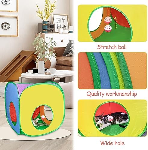 Andiker Cat Tunnel, Colorful and Foldable Polyester Square Cat Tent Matches with Most Kitten Tubes with a Bell Ball 3 Holes Cats Tubes for Indoor Cats to Play and Sleep (Square L)
