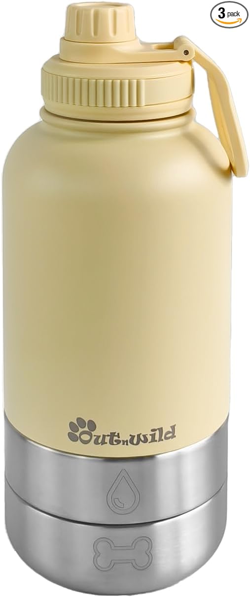 OUT 'N WILD Portable Dog Insulated Water Bottle & Bowls - All-in-One Travel Accessories Pet Food & Liquids for Car, Hiking, Camping - Leak-Proof, Double Walled - 32 oz, 2 Dog Bowls, Beige