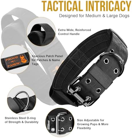 OneTigris 2 Inch Wide Tactical Dog Collar with Handle Black XL