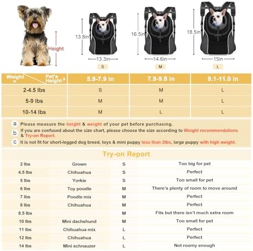 WOYYHO Pet Dog Carrier Backpack Small Dog Front Backpack Ventilated Dog Carrier Back Pack with Storage Pockets, Adjustable Straps & Safety Belt for Travel Hiking Outdoor (Size S: 2-4.5 lbs, Black)