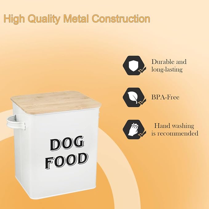 Pethiy Dog Food and Treats storage tin Containers Set with Scoop for Dogs-Tight Fitting Wood Lids-Coated Carbon Steel-Storage Canister Tins-White