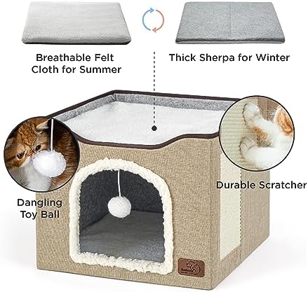 Bedsure Cat House Bed for Indoor Cats with Fluffy Ball and Scratch Pad