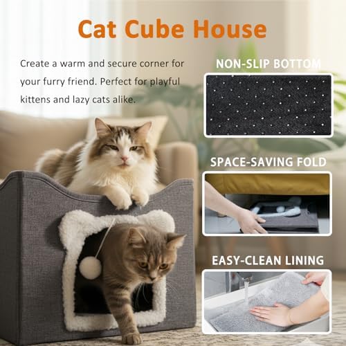 Cat Houses for Indoor Cats, Large Cats Bed Cave, Kitten Cube Box,Cat Condo with Scratching Pad, Hanging Fluffy Ball & Peekaboo Window, Foldable Hideaway Hand-Washable(16x16x13.3 Inches,Grey)