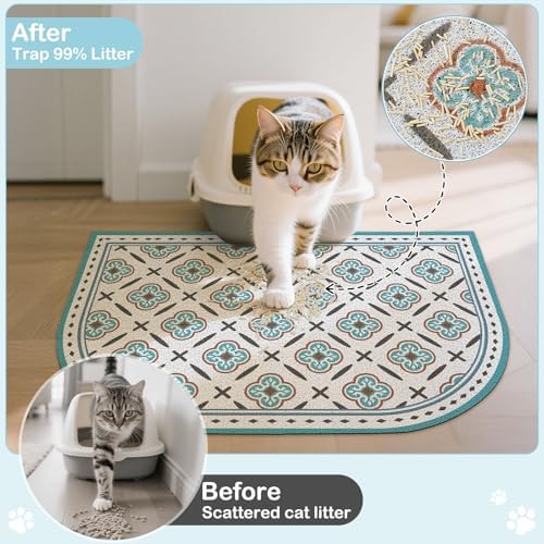 Glittme 33"X22" Arch Shape Cat Litter Mat Trapping Pad Soft Loop-Mesh Litter Box Mat Easy to Clean & Non-Slip Waterproof & Less Waste,Blue