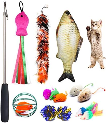 Cat Toys Set, Cat Retractable Teaser Wand, Catnip Fish, Interactive Cat Feather Toy, Mylar Crincle Balls, Two Cotton Mice, Four Fluffy Mouse