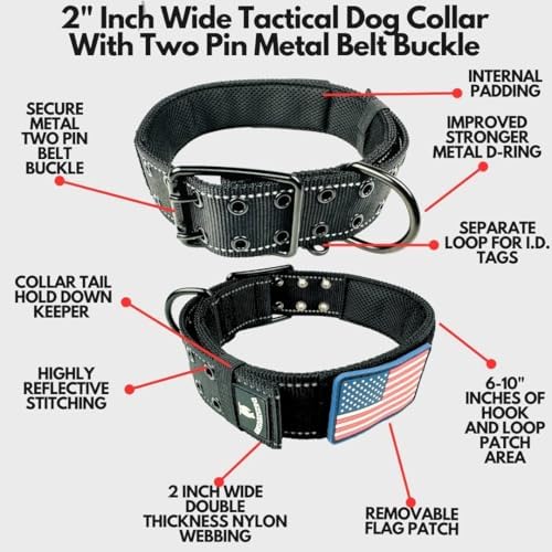 Tactical Dog Collar 2 Inch Wide Heavy Duty with Metal 2-Pin Belt Buckle, Adjustable for Large & Medium Dogs, Military Style K9 Collar with Name Patch Area, USA Flag Patch, ID Tag Loop, Strong Durable