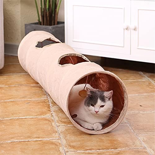 Primst Collapsible Cat Tunnel,Durable Suede Pet Toys Play Tunnel with Ball and Hole,for Cats,Rabbits,Kittens,Puppy and Small Pets (Beige 47x10inch)