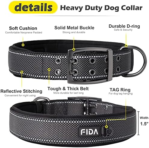 Fida Heavy Duty Dog Collar for Large Dogs with Metal Belt Buckle, Black
