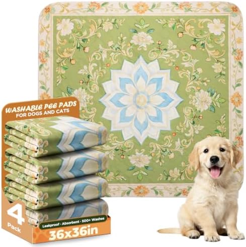Washable Pee Pads for Dogs 36" x 36" - 4 Pack, Green, Stylish Reusable Puppy Training Pads - 100% Waterproof & Leak-Proof & Non-Slip, Potty Pads for Whelping, Crate, Floor