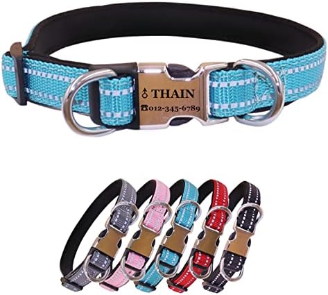 THAIN Reflective Personalized Dog Collar Engraved Custom Buckle- Soft Nylon Pet Collar with Name Plate Engraved Name, Phone Number, Silent,No Noise Adjustable (M, Light Blue)