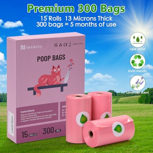 WDFAACK Pink Dog Poo Bags Lavender scent with Dispenser - 300 Large Poop Bags, Extra Thicken Strong Corn Starch Blended Leak Proof Poop Waste Bag for Dogs