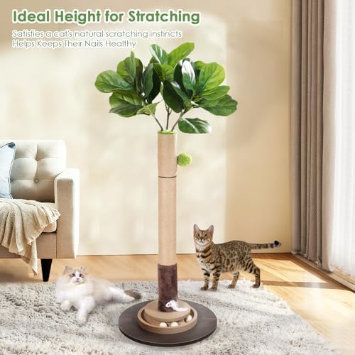 Cat Scratching Post, 35 Inch Tall Cat Scratcher Cat Tree Tower with Hanging Ball for Indoor Cats Adults,Fiddle Leaf Fig Sisal Rope Kitten Scratch with Interactive Mouse Cat Toy