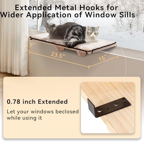 PETSFIT Cat Window Perch for 2 Cats, Adjustable, Solid Wood, Removable Mat