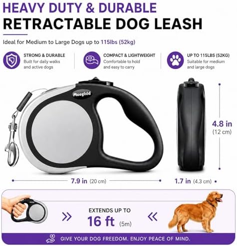 Heavy Duty Retractable Dog Leash-16ft Strong & Durable Walking Leash for S to L Dogs up to 45/115 lbs, Upgraded Lock System, Non Slip Grip, Tangle Free (Grey, Medium-Large Sized)