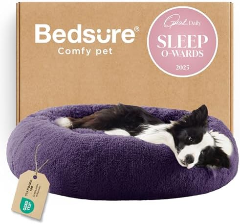 Bedsure Calming Dog Beds Large Sized Dog Donut Washable Pet Bed,36in Purple