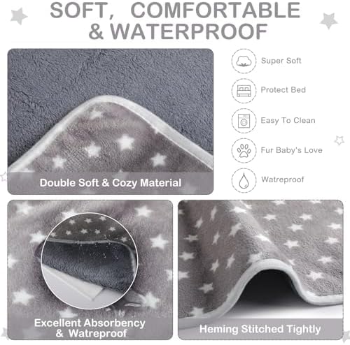 Tranqun 4 Pcs Puppy Pee Pads Waterproof Reusable Training Washable Pee Pads for Dog Cat Throw Blanket Pet Crate Mats Blanket Stars Pattern Animals Cage Liner(Gray,16 x 24 Inch)