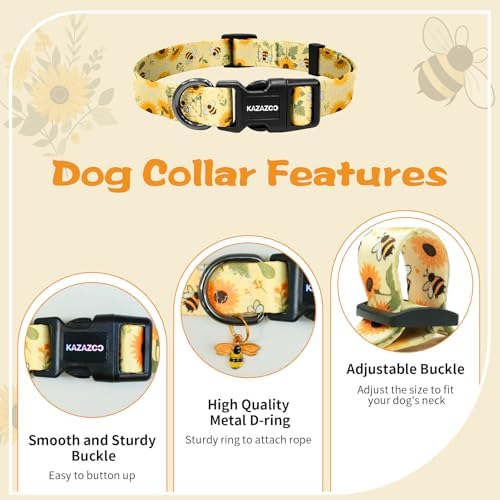 Kazazoo Dog Collar Cute and Soft Nylon Puppy Collar for Boy and Girl Dogs, Adjustable Dog Collars for Extra Small Dogs, Bees and Sunflowers-XS