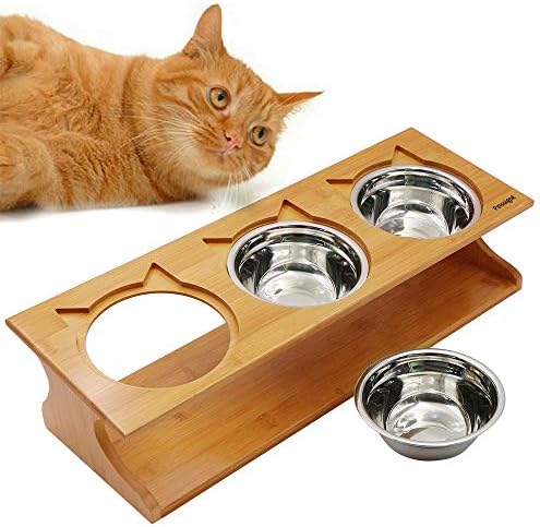 Cat Bowls Pet Dining Table with Raised Slope Wooden Stand Elevated Pet Bowls with Oblique Stand for Cats, Dogs, Kitten and Puppy (3 Bowls, Steel)