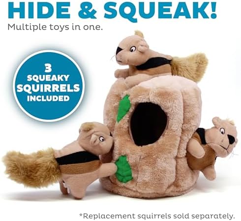 Outward Hound Hide-A-Squirrel Dog Toy – Interactive 2‑in‑1 Plush Puzzle with 3 Squeaky Removable Squirrels, Large (Pack of 12)