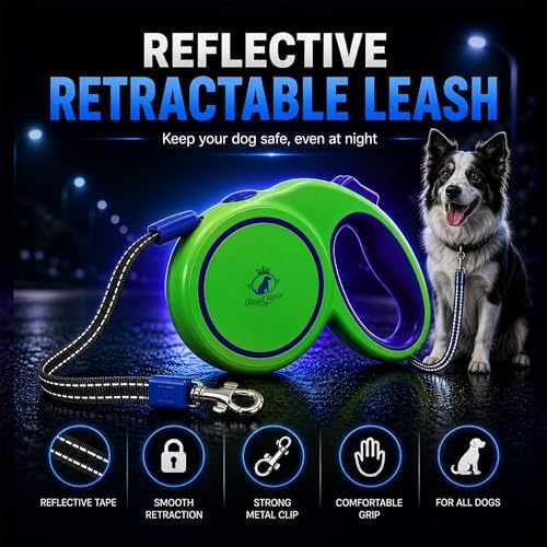 Retractable Dog Leash 16 FT (5M) – Heavy Duty Tangle-Free Dog Leash with One-Touch Brake & Lock, Reflective Nylon Tape, Ergonomic Non-Slip Handle for Small, Medium & Large Dogs up to 50 KG