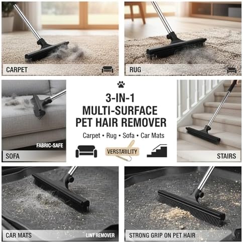 – 3 in 1 Pet Hair Removal Pro Life Carpet Rake with Adjustable Handle – Heavy Duty Dog & Cat Hair Remover for Carpet, Rug, Couch & Furniture – Reusable Lint Scraper Tool