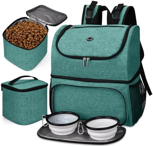BAGLHER Pet Travel Bag, Double-Layer Pet Supplies Backpack (for All Pet Travel Supplies), Pet Travel Backpack with 2 Silicone Collapsible Bowls and 2 Food Baskets Green