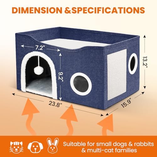 Indoor Heated Cat House, Adjustable Temperature Cat Heating Bed with Timer and Chew Resistant Cord, Large Cat House with Heating Pad for Small Medium and Large Cats