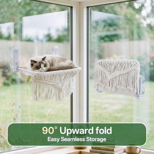 Cat Hammock & Window Perch w/ 4 Suction Cups, Foldable Adjustable Boho Cotton Rope Pet Hammock Bed & Cat Shelves for Indoor Cats/Small Animals - All-Season Sleeping, Lounging, Climbing