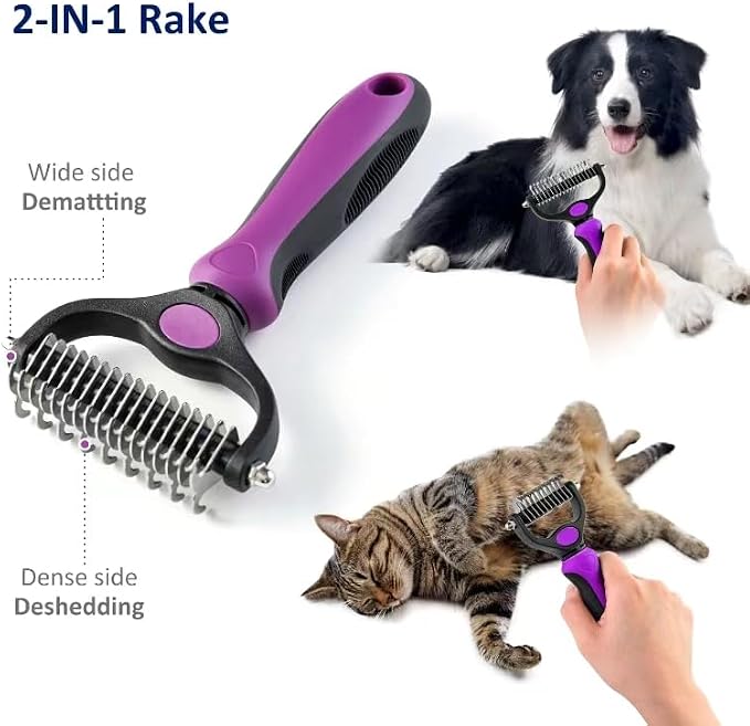 Grooming Rake for Dogs & Cats, Double-Sided Deshedding Brush, Extra-Wide Dematting Tool, Slicker Comb for Undercoat & Loose Hair Removal, Reduces Shedding by 95%, Purple, Small