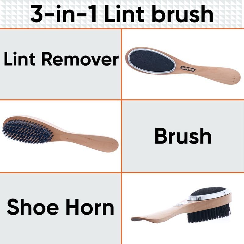 Superio Lint Brush for Clothes,6-Pack,3 in 1 Garment Brush - Double Sided Wood Handle,Clothes Brush,Lint Brush for Suit,Wool Coat,Removes Pet Lint and Dust and Shoe Horn