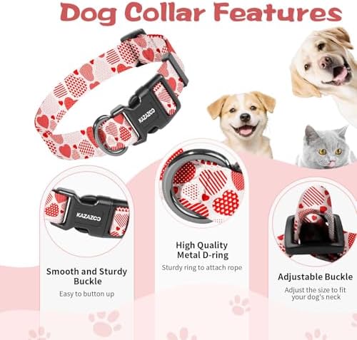Kazazoo Dog Collar Cute and Soft Nylon Puppy Collar Girl, Adjustable Dog Collars for Large Dogs, Sweet Heart-L