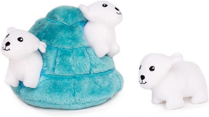 ZippyPaws Burrow- Interactive Dog & Puppy Toys for Boredom, Stimulating Pet Products to Keep Them Busy, Hide & Seek Plush Dog Puzzle, Enrichment Squeaky Toy, for Small & Medium Dogs- Polar Bear Igloo