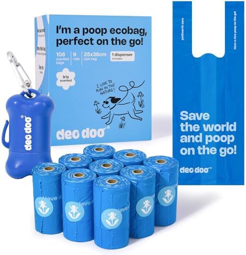Deo Doo Dog Poop Bags with Handles & Holder, 9 Rolls 108 Count, Iris Scent