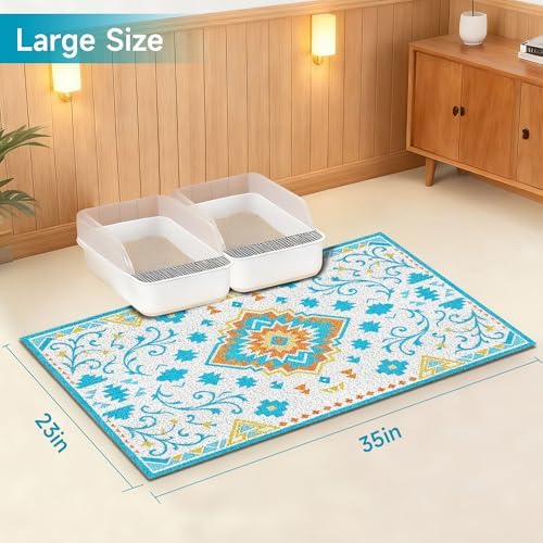 Cat Litter Mat, 35" x 23" Litter Box mat, Traps 100% Litter, Non-Slip Kitty Litter Trapping mats, Large Cute Litter mat, Easy Clean for Scatter Control, Bohe cat Food mat, Urine Waterproof