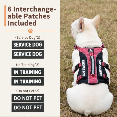 Huntboo Service Dog Vest Harness, Escape Proof Harness with 6 Patches, No-Pull, Reflective Harness with Handle, Adjustable for Small to Large Dogs, for Training and Hiking (Red, M)