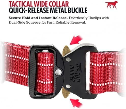 Tuff Pupper Tactical Dog Collar | Heavy Duty 1.5" Wide Ballistic Nylon | Training Control Handle | Quick-Release Metal Buckle | Reflective Bands | ID Tag Holder | Padded Inner Lining (Red, Large)
