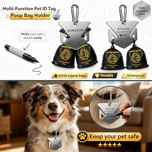 Dog Poop Bags Dispenser Stainless Steel Holder with Pet ID Tag | 555 leak proof bags dispenser and steel holder with writable ID tag for walks training and travel