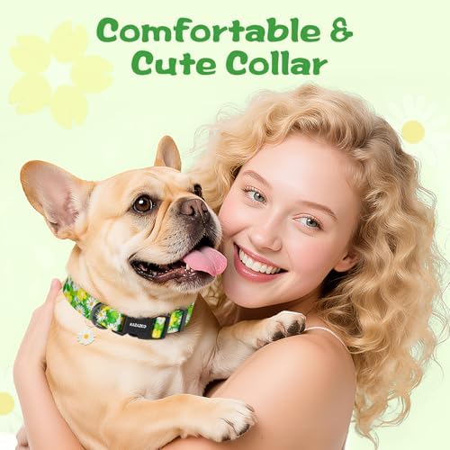 Kazazoo Dog Collar Cute and Soft Nylon Puppy Collar for Boy and Girl Dogs, Adjustable Dog Collars for Extra Small Dogs, Green Daisy-XS