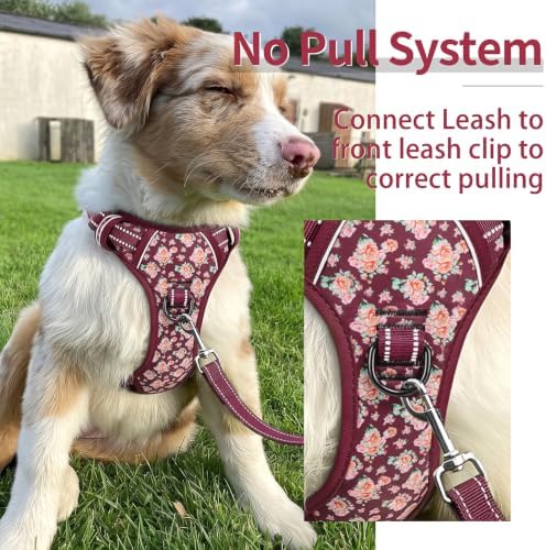 HEELE Large Dog Harness, Reflective, No Pull No Choke, Flower Burgundy, L