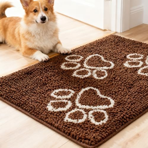 EXPAWLORER Dog Door Mat for Muddy Paws - Highly Absorbent Microfiber Pet Rug, Quick Dry Chenille Dog Runner Rug Indoor Outdoor, Non-Slip Entryway Carpet Washable Mud Mat for Dogs, Brown 36"x24"